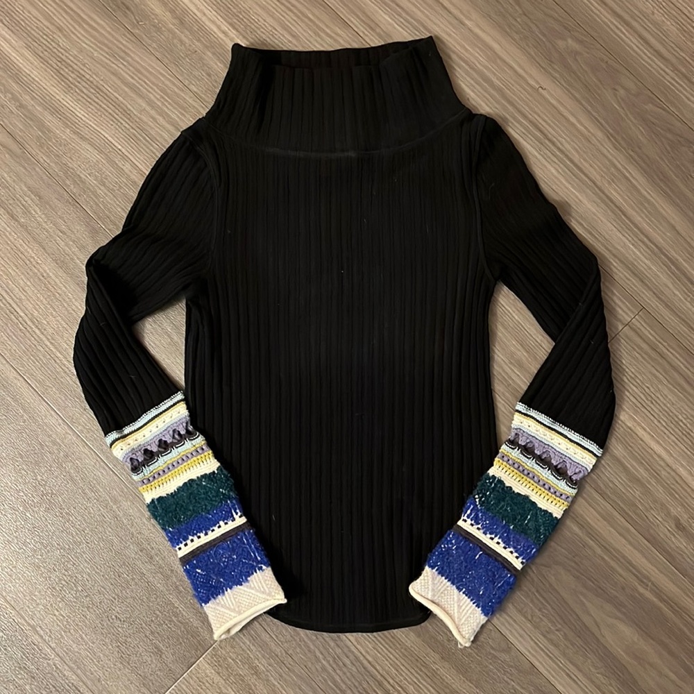 Free People Black Long Sleeve Top with Colorful Cuffs